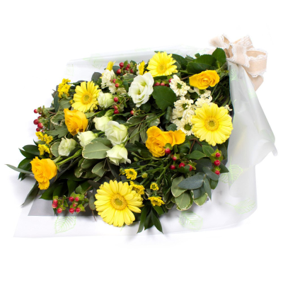 Sympathy Flowers SYM-334 - A selection of yellow, cream and white flowers with contrasting foliage in cellophane.