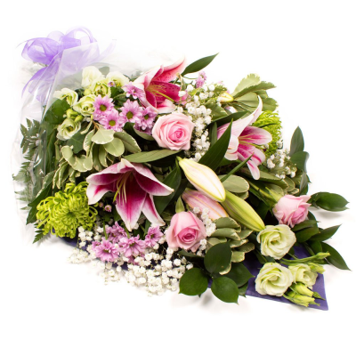 Sympathy  Flowers SYM-336 - A selection of carefully selected pink, white and green flowers and complementary foliage in cellophane.