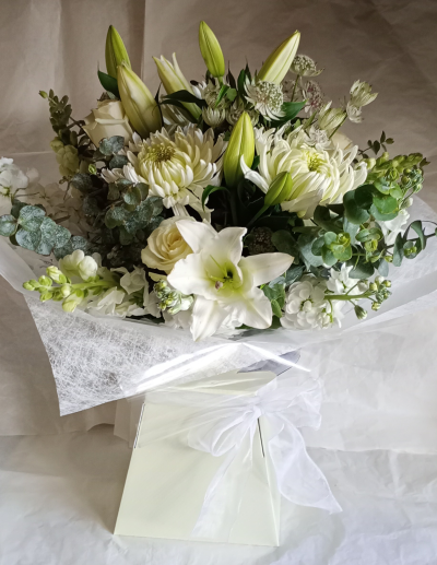 Thinking of You - Hand tied bouquet of all white flowers including lilies